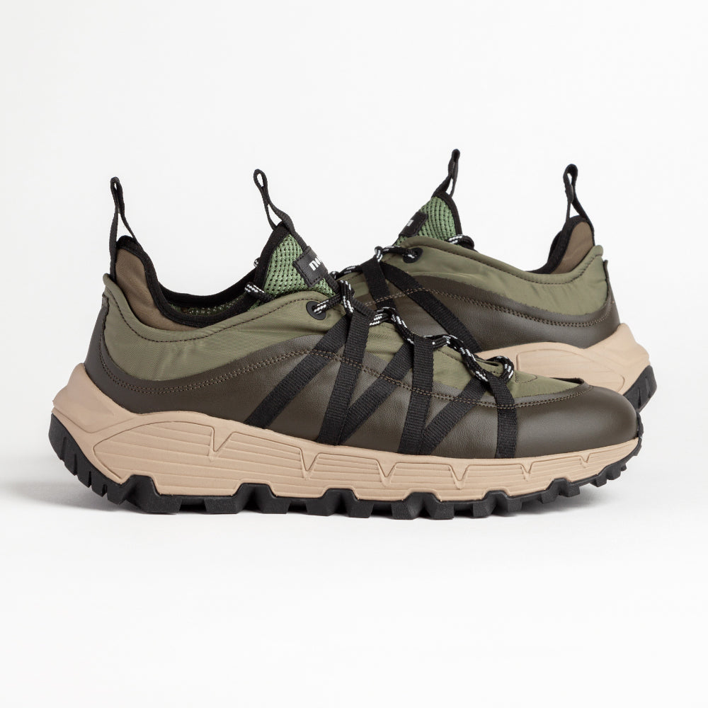 LITH 2641 LOW SNEAKER IN LEATHER AND GREEN MILITARY REFLECTIVE NYLON